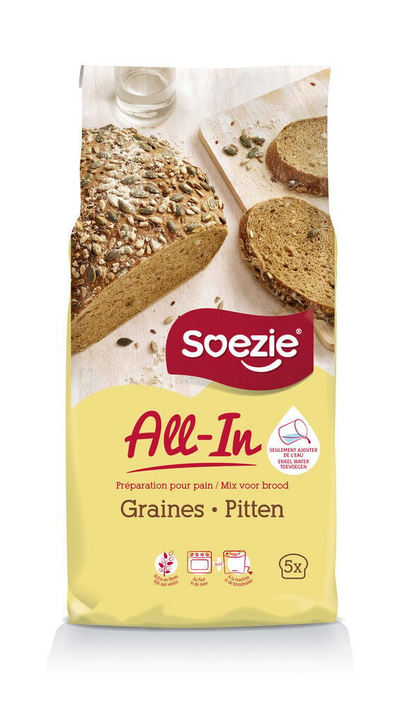 Soezie All-in-mix Brood met pitten - Broodmeel - 2.5 Kilogram Soezie All-in-mix Brood met pitten - Broodmeel - 2.5 Kilogram
