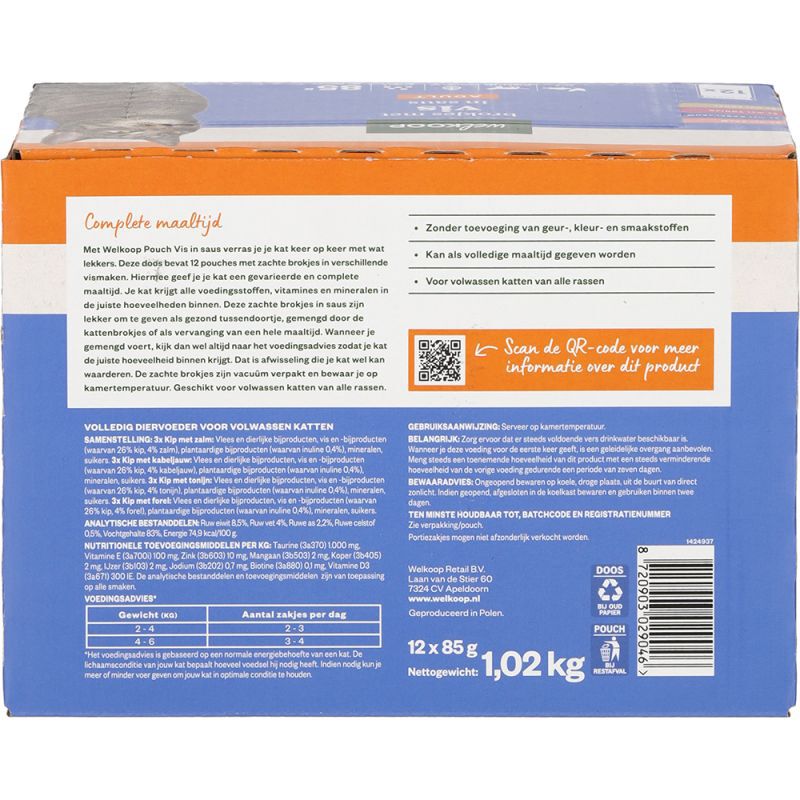 Welkoop Pouch Brokjes in Saus - Kattenvoer - 12x85 gram - 150 Gram - vis