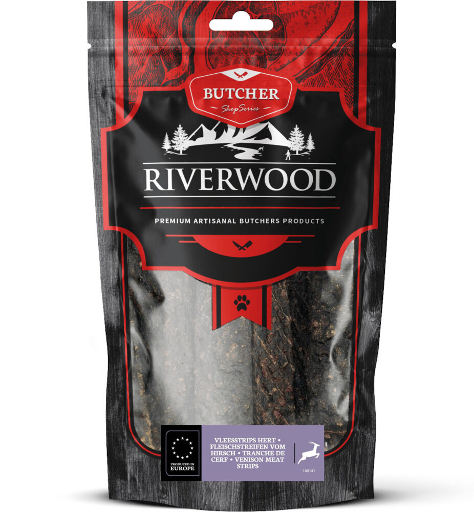 Riverwood Butcher Shop Series Vleesstrips - Hondensnack - 150 Gram - hert Riverwood Butcher Shop Series Vleesstrips - Hondensnack - 150 Gram - hert