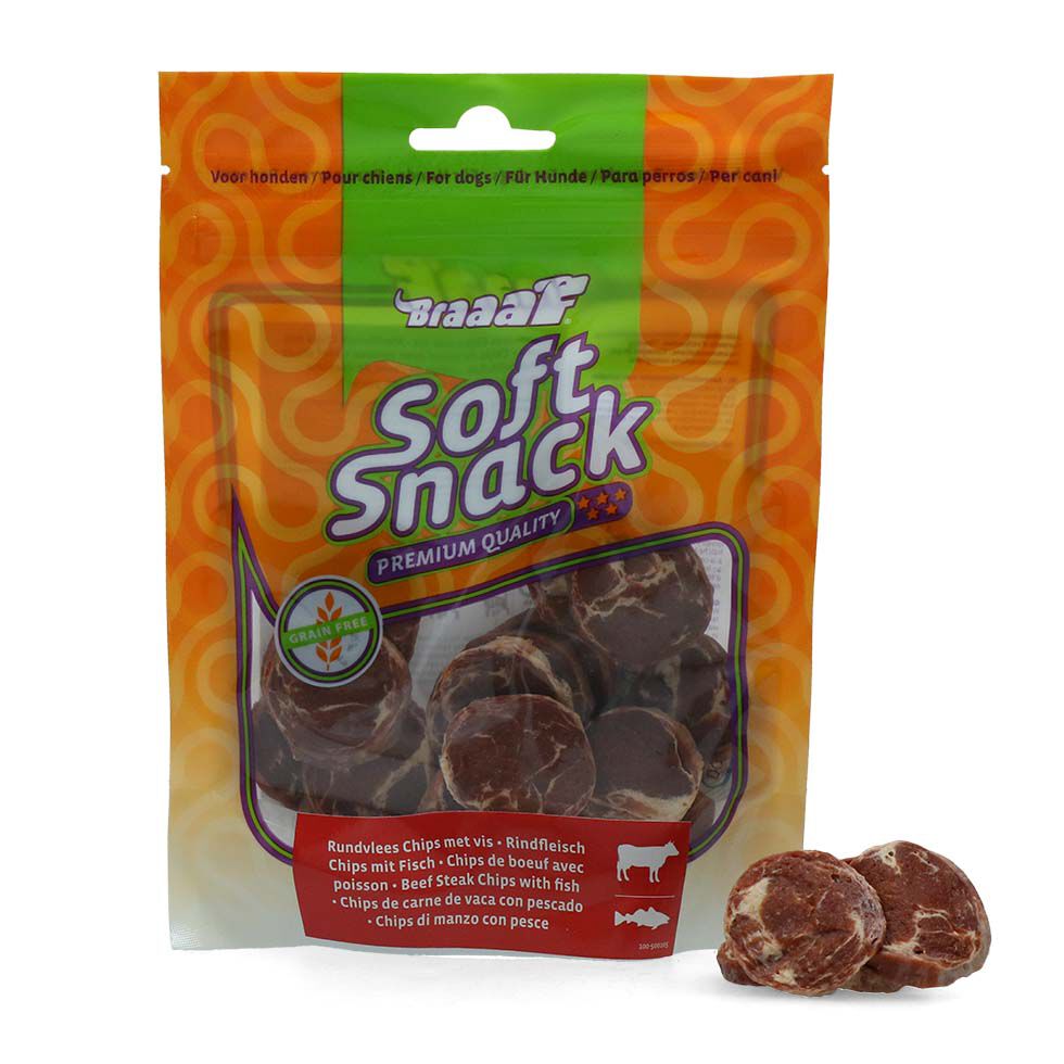 Braaaf Soft snacks Chips - Hondensnack - 85 Gram - vis, rund