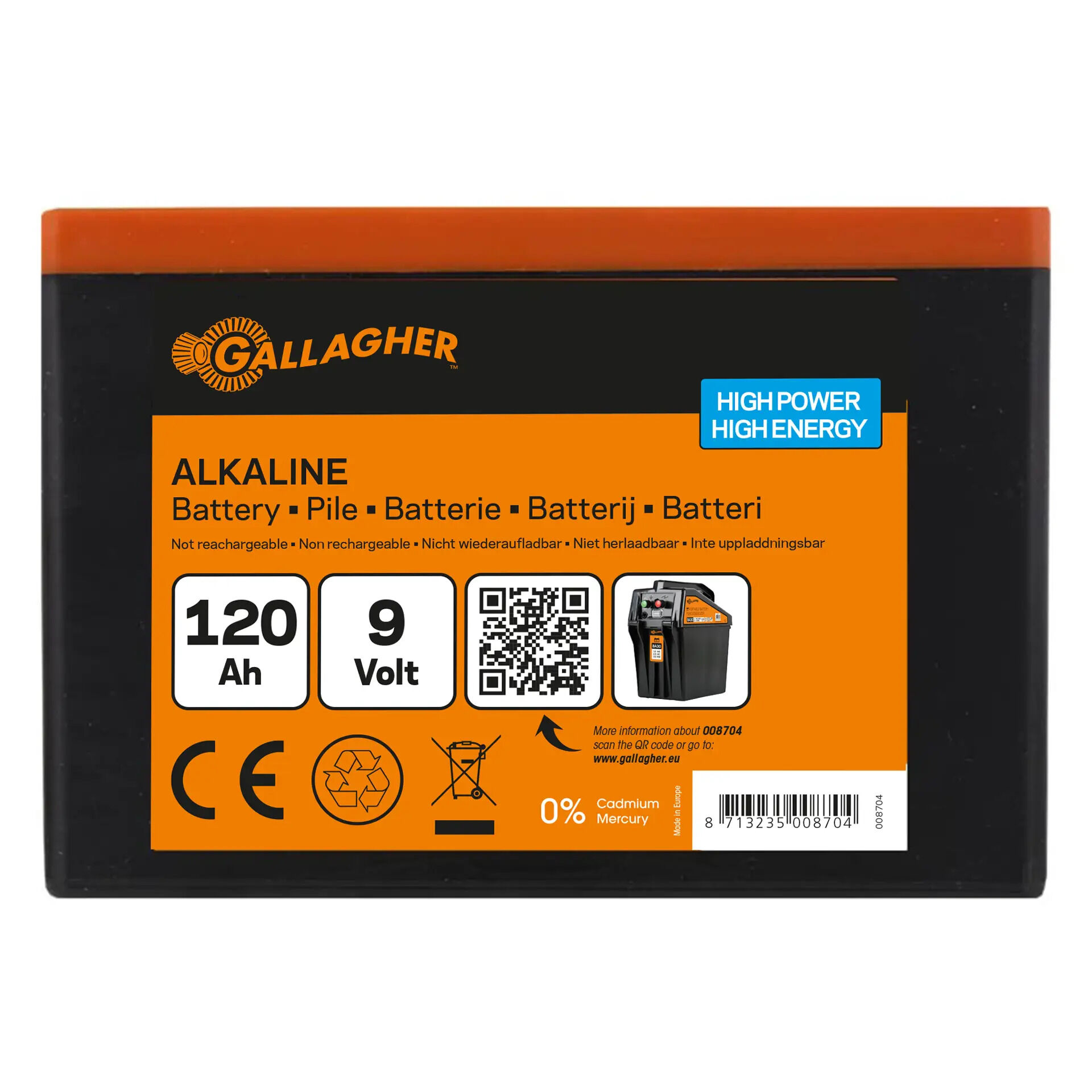 Gallagher Powerpack - Batterij - 11 cm - Oranje / zwart - 9V - 16 cm - 120 Ah