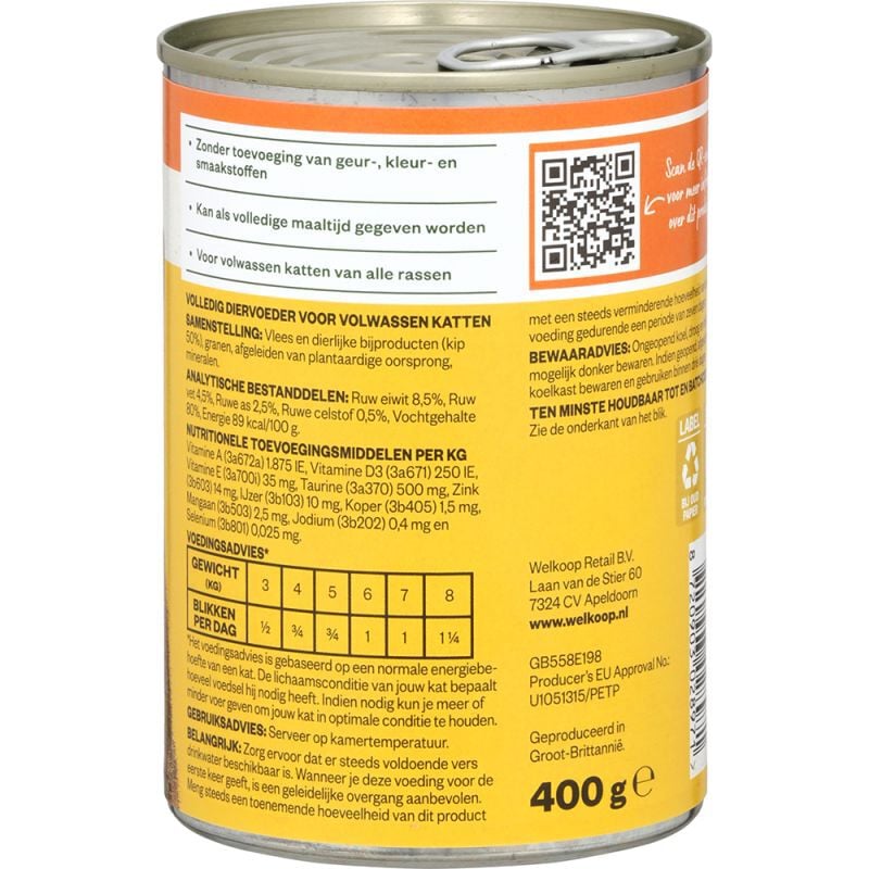 Welkoop Blik Brokjes in Gelei - Kattenvoer - 400 Gram - kip