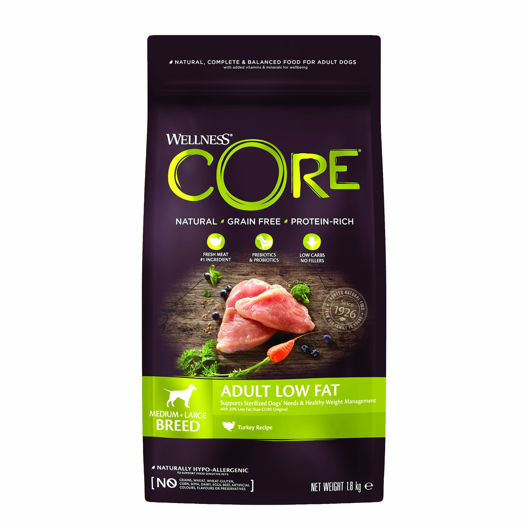 Wellness CORE Adult Low Fat Medium-Large- Breed - Hondenvoer - 1.8 Kilogram - kalkoen Wellness CORE Adult Low Fat Medium-Large- Breed - Hondenvoer - 1.8 Kilogram - kalkoen