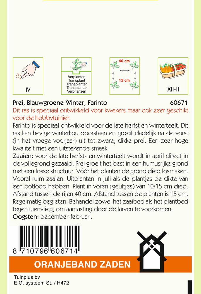 Oranjeband zaden Prei Blauwgroene Winter Farinto - Groentezaden