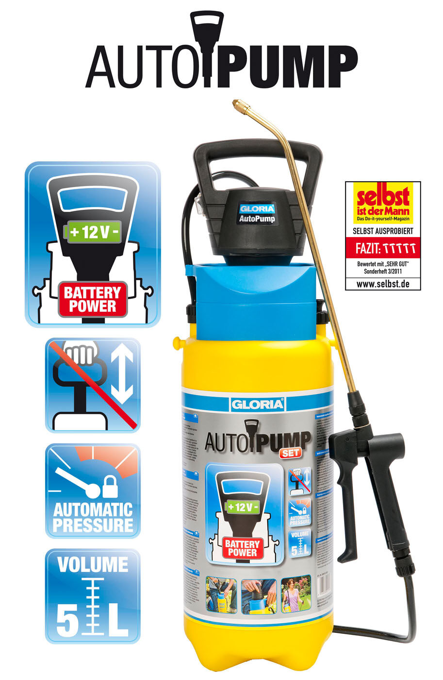 Gloria Drukspuit Prima 5 met Automatische Pomp - Drukspuiten - 5 l - 125 cm