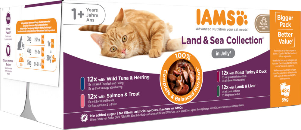 IAMS Delights Adult Land & Sea in Gelei - Kattenvoer - 48x85 gram - 4080 Gram - vis, vlees IAMS Delights Adult Land & Sea in Gelei - Kattenvoer - 48x85 gram - 4080 Gram - vis, vlees