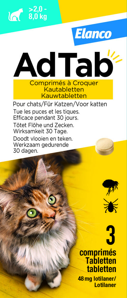 AdTab kauwtabletten kat 2-8 kg - Anti vlooien- en tekenmiddel - 3 Stuks - M AdTab kauwtabletten kat 2-8 kg - Anti vlooien- en tekenmiddel - 3 Stuks - M