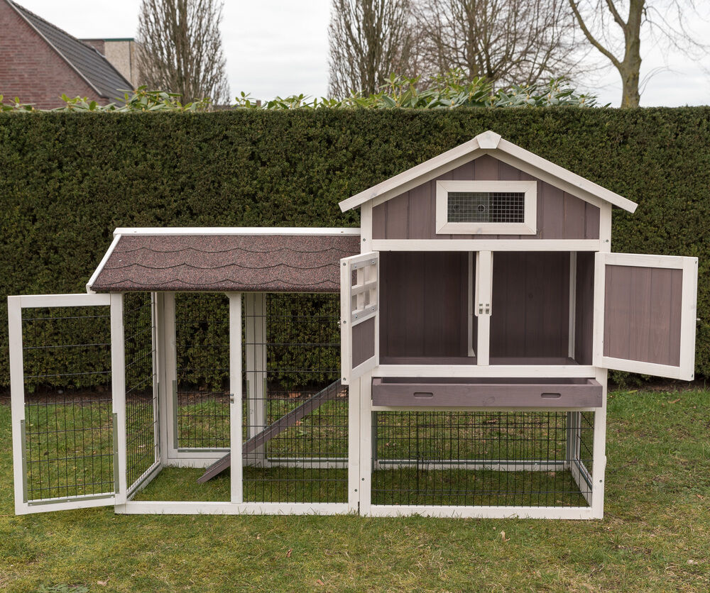 Konijnenhok Amalie met ren - Whitewash/grijs - 118x159.5x70 cm Konijnenhok Amalie met ren - Whitewash/grijs - 118x159.5x70 cm