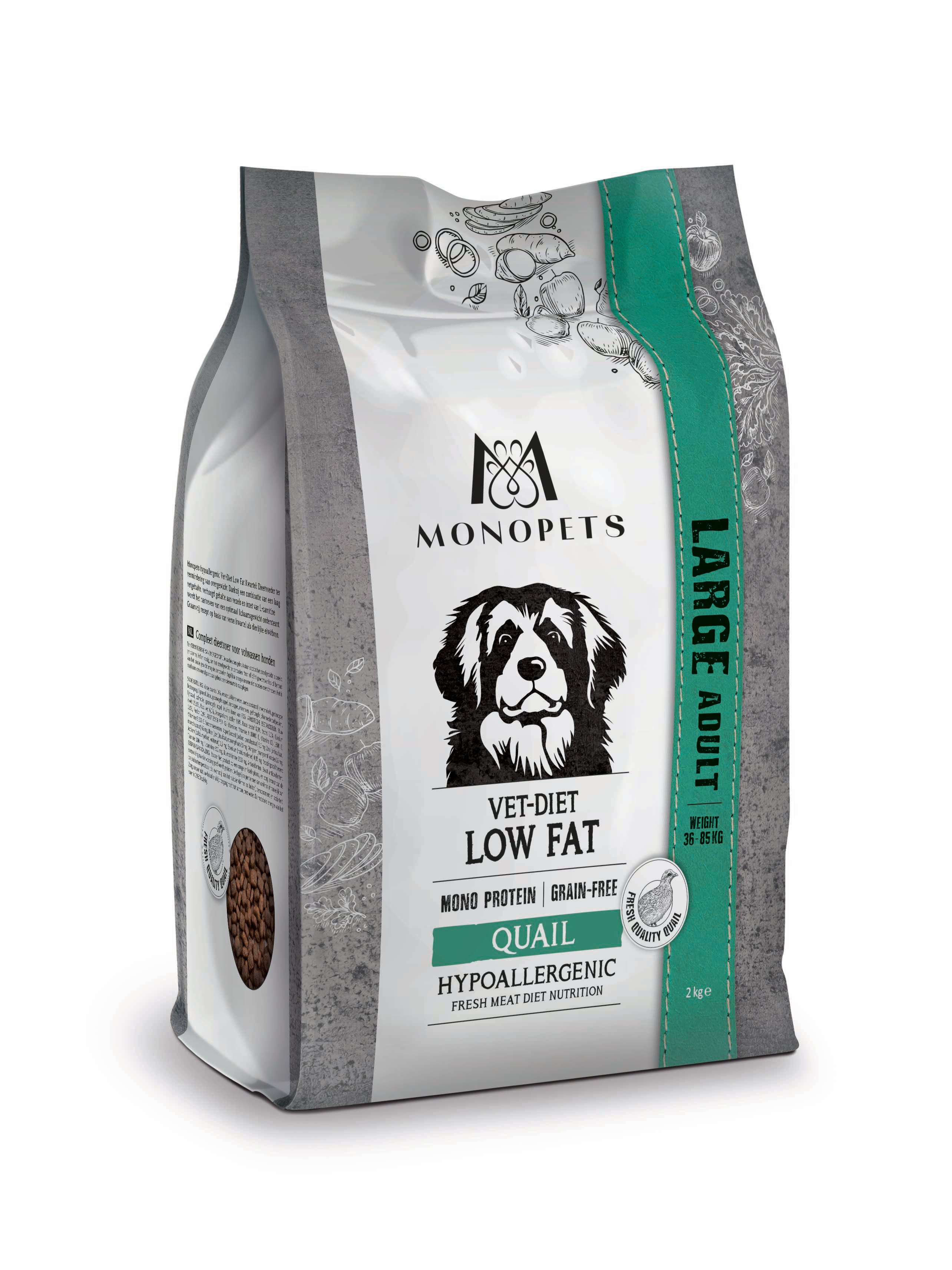 Monopets Large Vet-Diet Low Hypoallergeen Monoprotein - Hondenvoer - 2 Kilogram - kwartel Monopets Large Vet-Diet Low Hypoallergeen Monoprotein - Hondenvoer - 2 Kilogram - kwartel