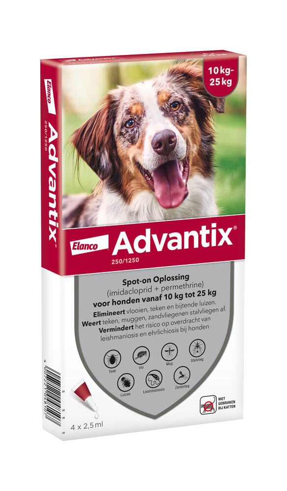 Advantix Spot-on 250 Pipet - Anti Vlooien en teken - Hond - 4 Stuks - M Advantix Spot-on 250 Pipet - Anti Vlooien en teken - Hond - 4 Stuks - M