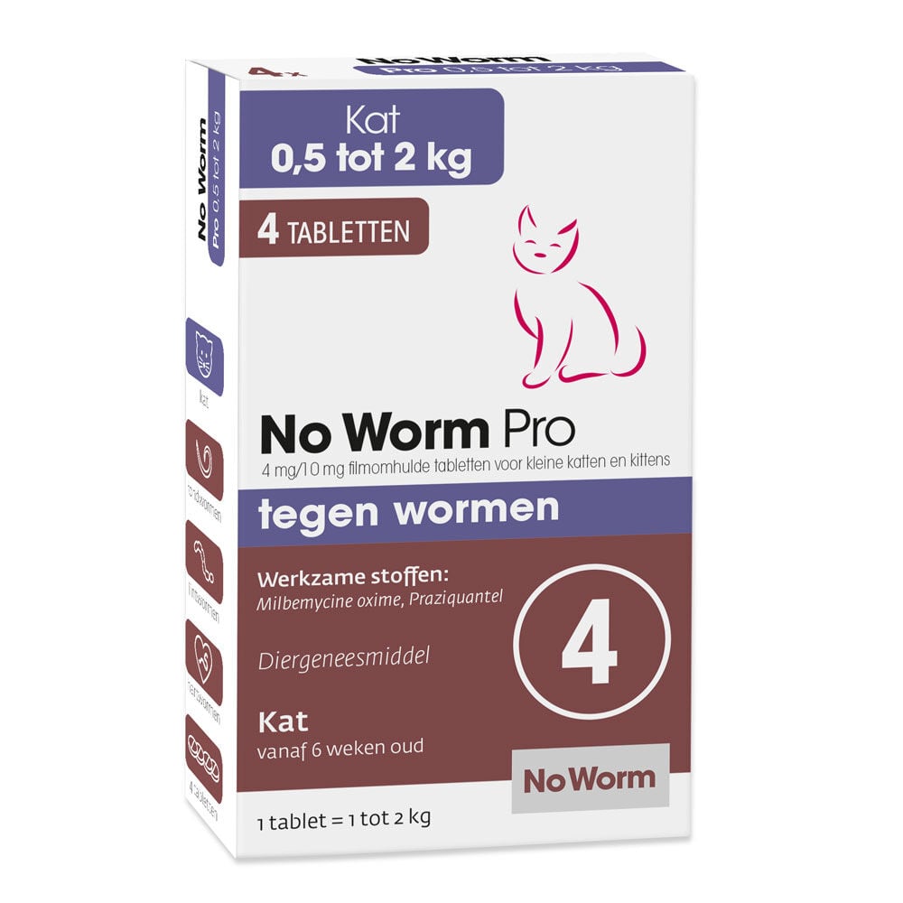 No Worm Pro Tabletten - Ontworming kleine katten en kittens - 0,5-2 kg - 4 stuks - 4 Stuks