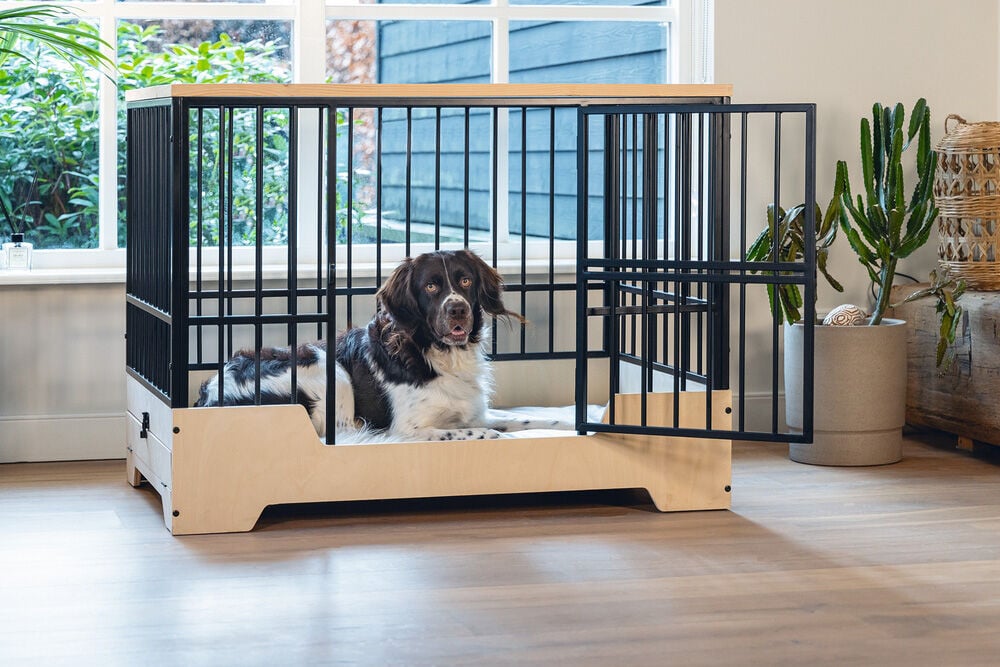 Designed by Lotte Quirine - Hondenbench meubel - zwart/hout - 71x81x57 cm - M