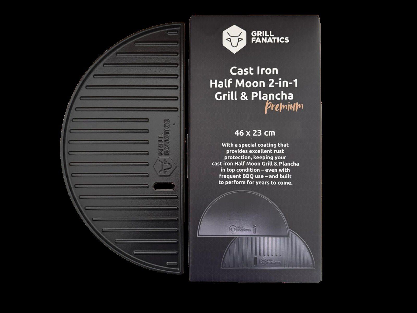 Grill Fanatics Half Moon 2in1 - Gietijzeren Grillplaat en Plancha - zwart