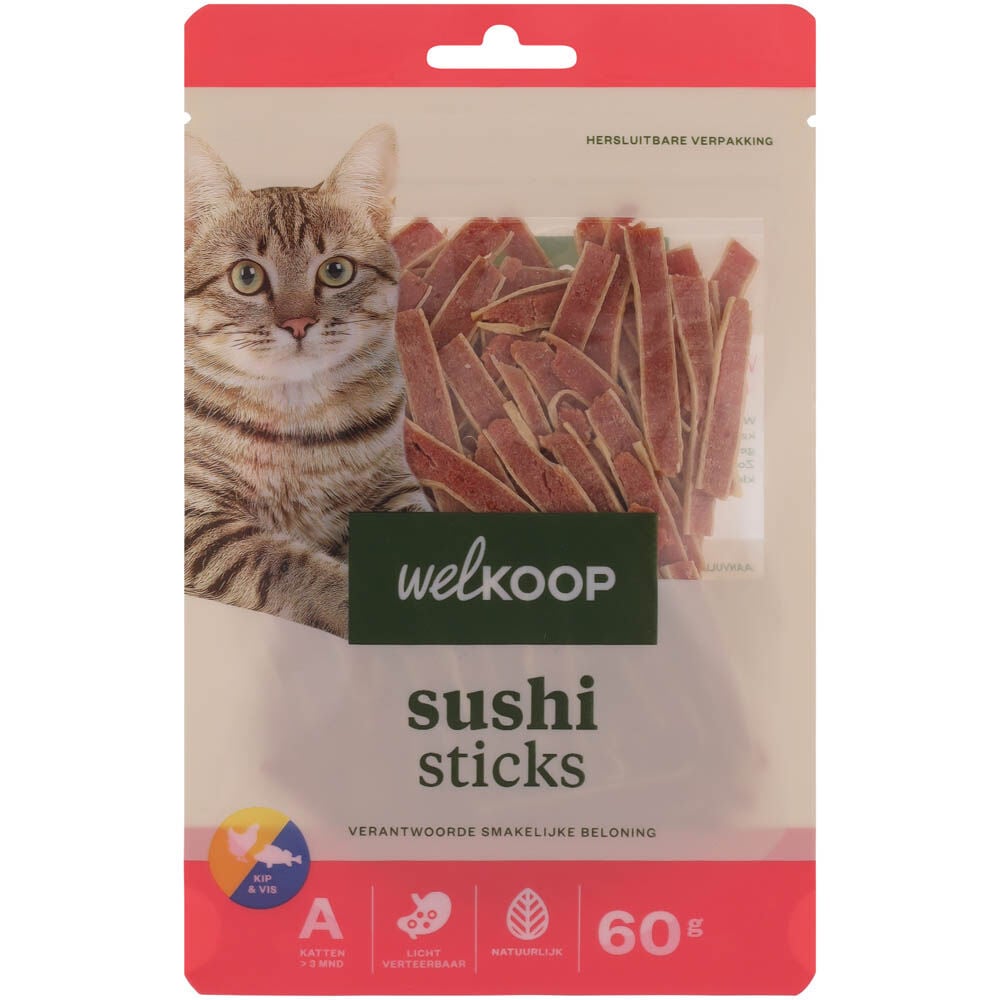 Welkoop Sushi sticks - Kattensnack - 60 Gram - vis, kip Welkoop Sushi sticks - Kattensnack - 60 Gram - vis, kip