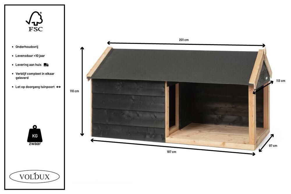 Voldux Stijn - Hondenhok - Naturel/zwart - 110x113x201 cm