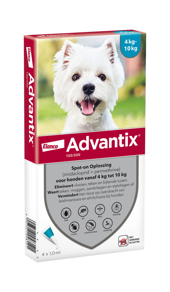 Advantix Spot-on 100 Pipet - Teken en vlooiendruppels - Hond - 4 Stuks - S Advantix Spot-on 100 Pipet - Teken en vlooiendruppels - Hond - 4 Stuks - S