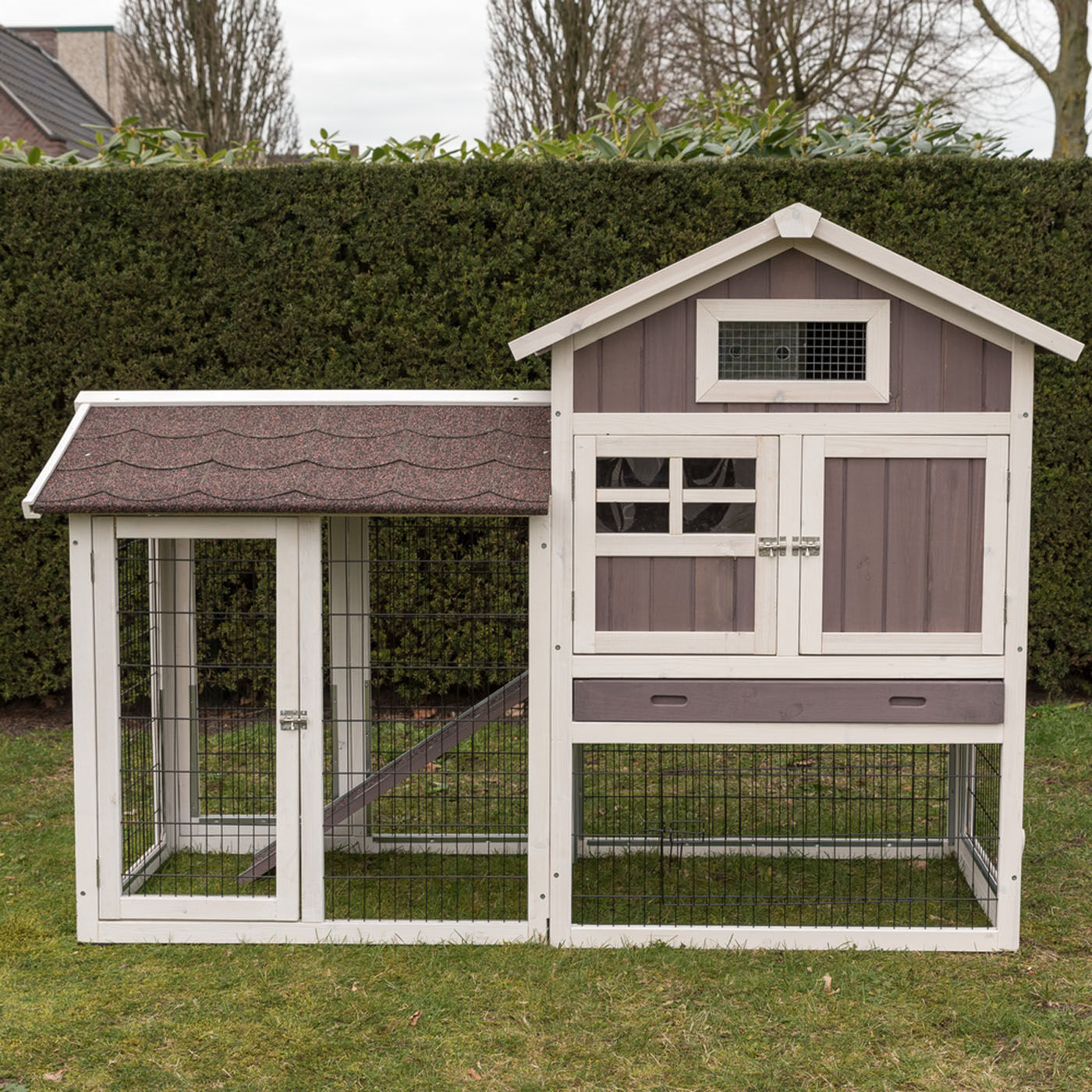 Konijnenhok Amalie met ren - Whitewash/grijs - 118x159.5x70 cm