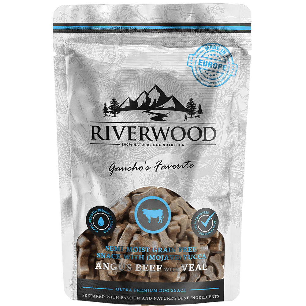 Riverwood Chef's Choice Semi Moist - Hondensnack - 200 Gram - kalf, rund Riverwood Chef's Choice Semi Moist - Hondensnack - 200 Gram - kalf, rund