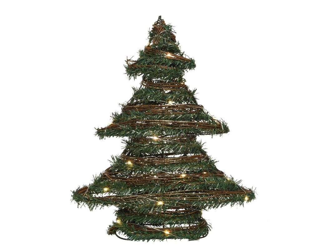 Lumineo Boom Rattan Incl. verlichting - Kerstdecoratie - 30 - Groen / bruin - Warm wit