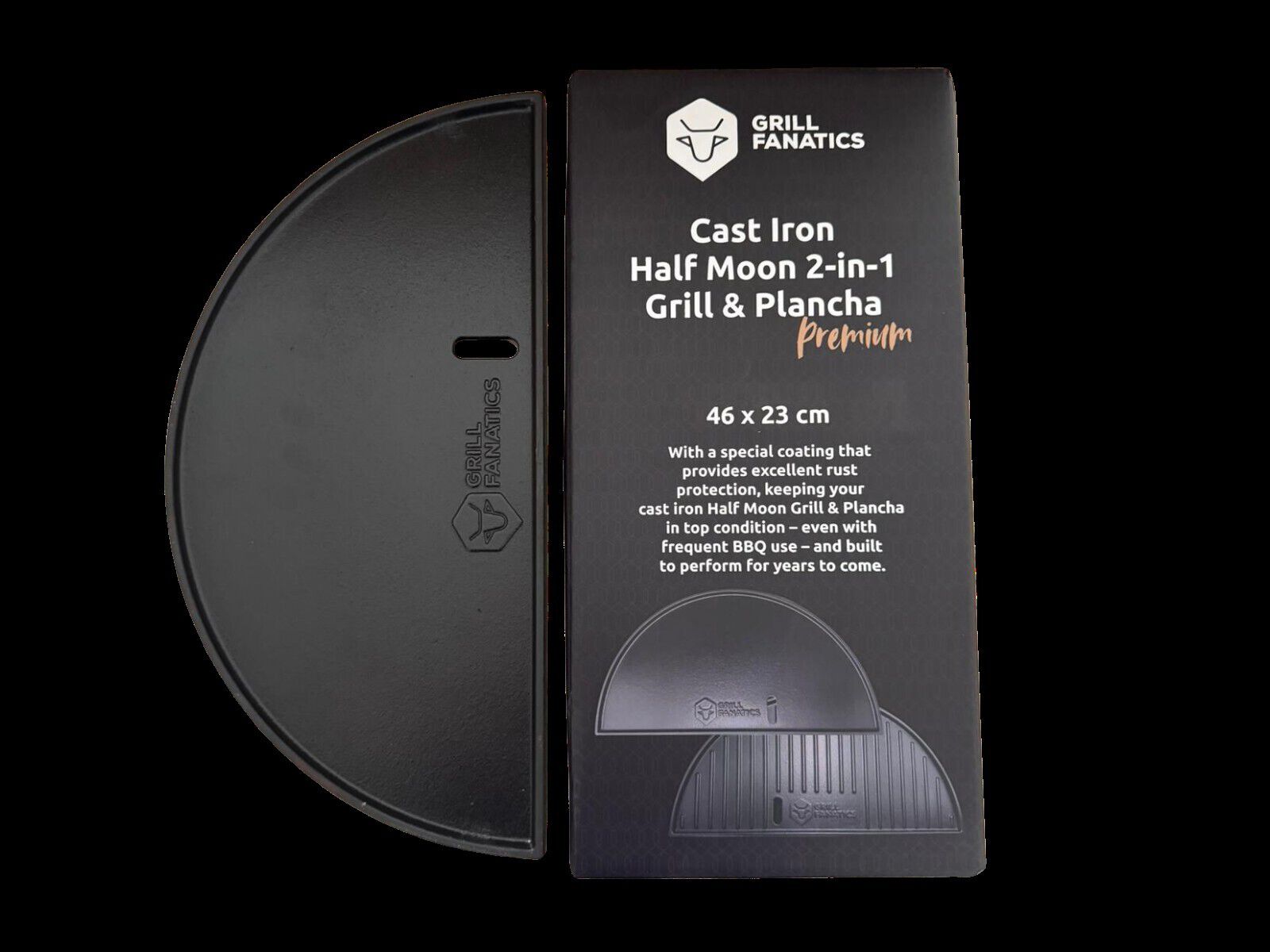 Grill Fanatics Half Moon 2in1 - Gietijzeren Grillplaat en Plancha - zwart