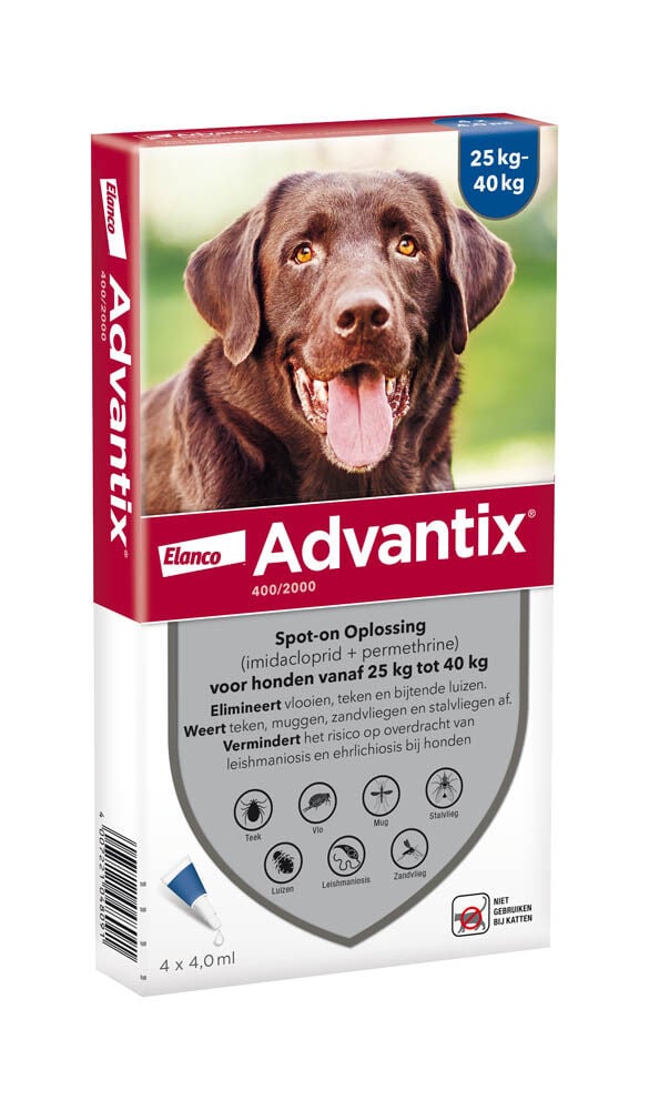 Advantix Spot-on 400 Pipet - Anti Vlooien en teken - Hond - 4 Stuks - L Advantix Spot-on 400 Pipet - Anti Vlooien en teken - Hond - 4 Stuks - L