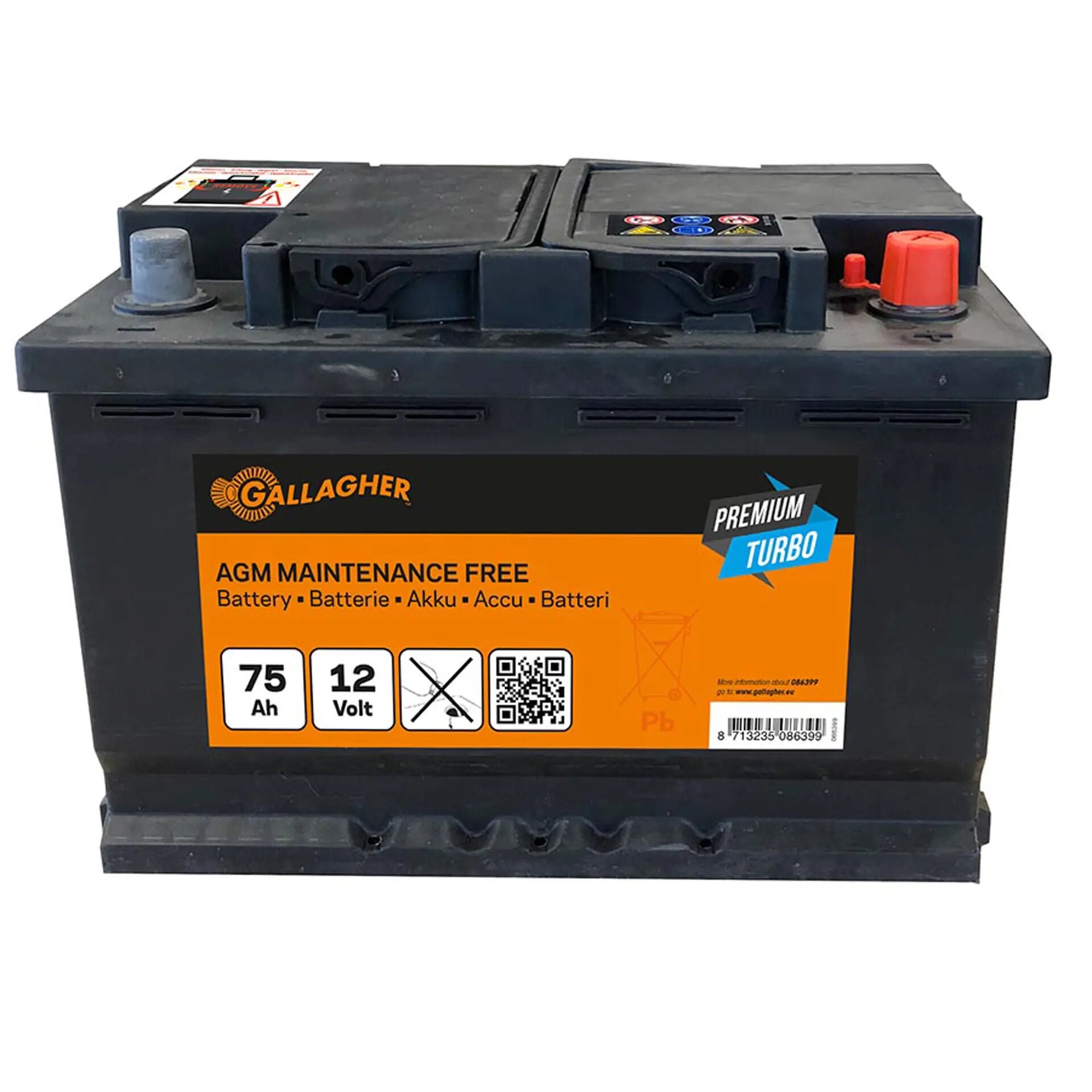 Gallagher Premium Turbo AGM - Batterij - 27.8 cm - 12V - 17.5 cm - 75 Ah
