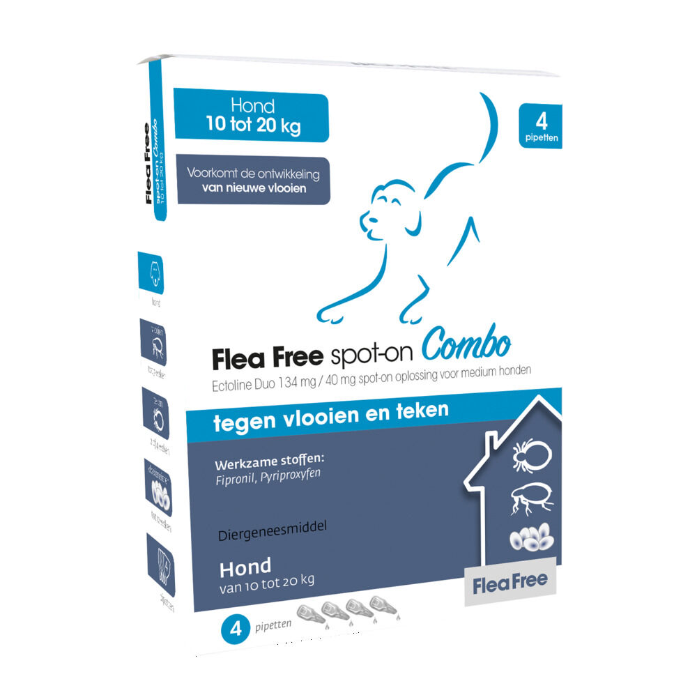 Flea Free Spot-On Combo - Pipetten - Anti vlooien en teken Hond - 4 Stuks - M Flea Free Spot-On Combo - Pipetten - Anti vlooien en teken Hond - 4 Stuks - M