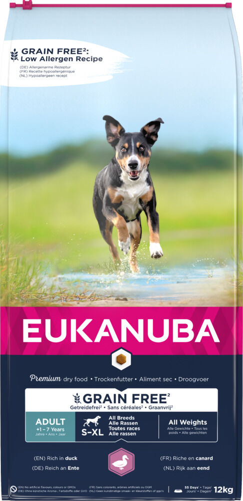 Eukanuba Graanvrij Adult Large - Hondenvoer - 12 Kilogram - eend Eukanuba Graanvrij Adult Large - Hondenvoer - 12 Kilogram - eend