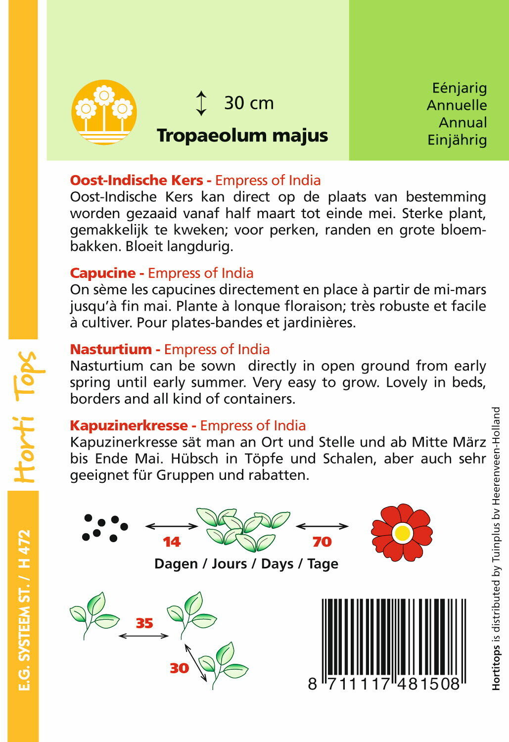 Hortitops Oost-Indische kers Tropaeolum majus - Bloemzaden