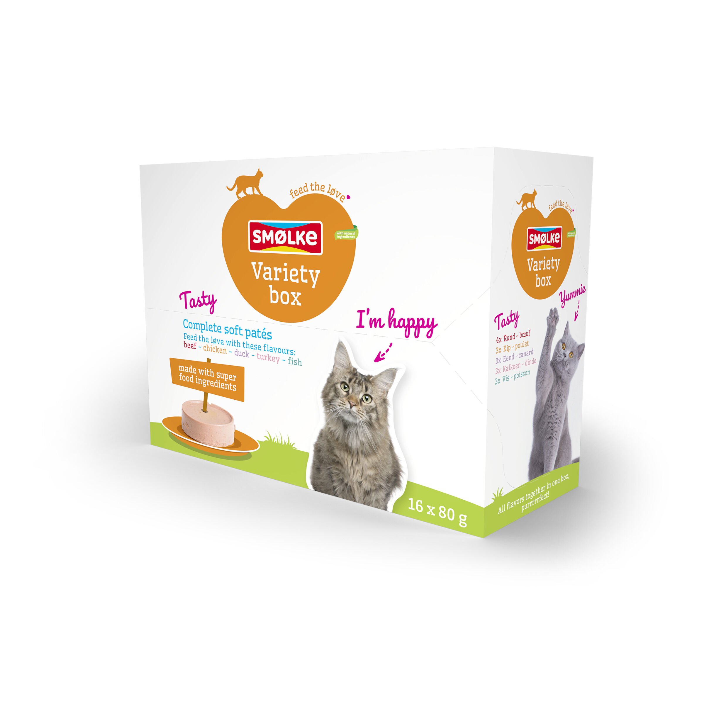Smölke Soft Paté Variety box - Kattenvoer - 16x80 gram - 1280 Gram - eend, vis, kip Smölke Soft Paté Variety box - Kattenvoer - 16x80 gram - 1280 Gram - eend, vis, kip