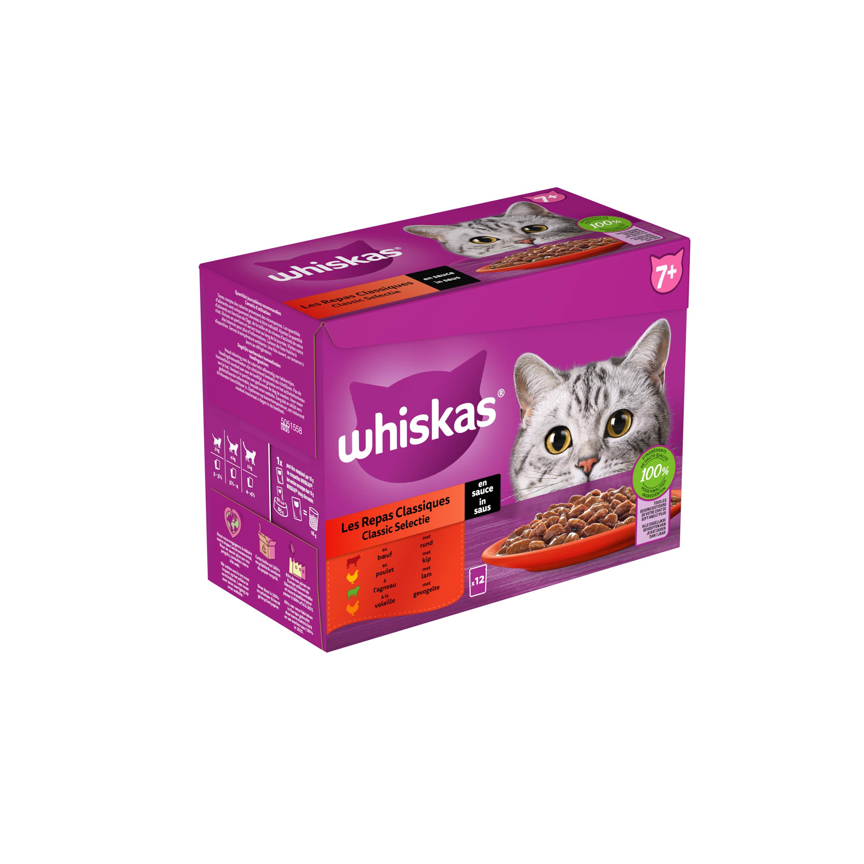 Whiskas  7+ Classic Selectie - Kattenvoer - 12x85 gram - 1020 Gram - saus