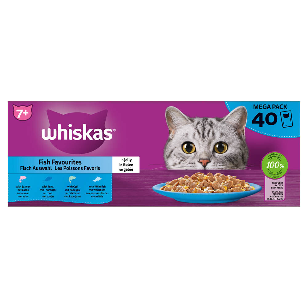 Whiskas Fish Favourites 7+ Mega Pack - Kattenvoer - 40x85 gram - 85 Gram - tonijn, zalm