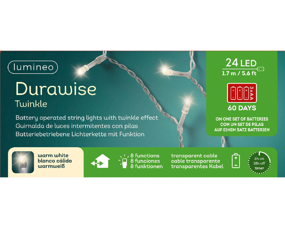 Lumineo Durawise Twinkelend - Batterijverlichting - 24 - Warm wit - 170 cm