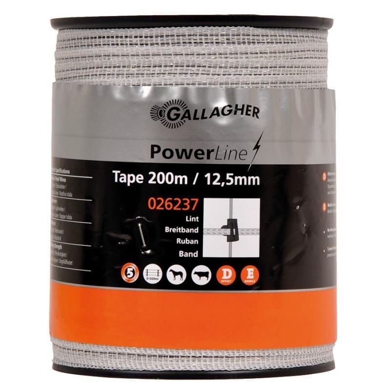 Gallagher PowerLine Lint 12,5 mm - 16.2 cm - 200 Meter - Wit - 1.25 cm - 20000 cm