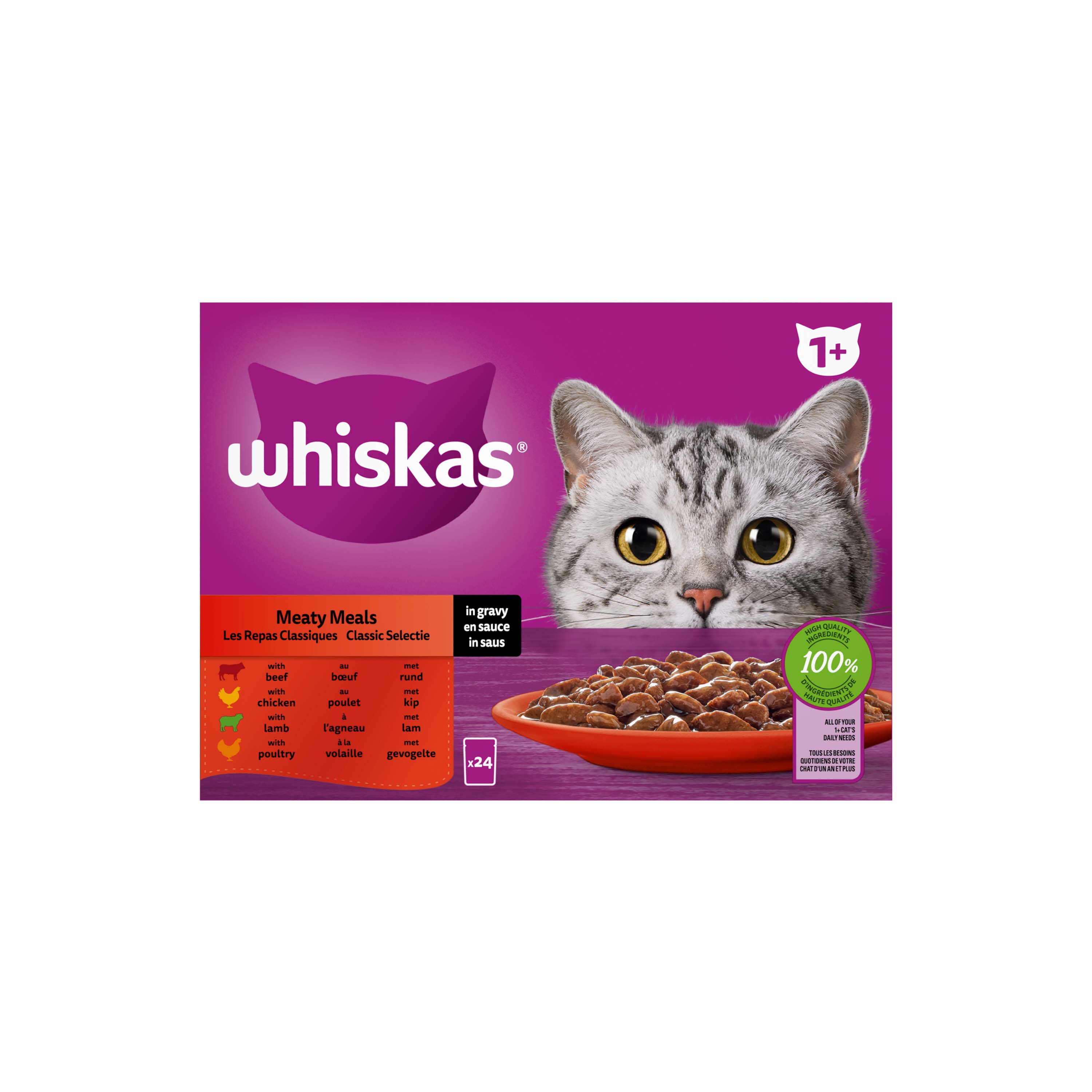 Whiskas 1+ Classic Selectie in saus - Kattenvoer - 24x85 gram - 2040 Gram - saus Whiskas 1+ Classic Selectie in saus - Kattenvoer - 24x85 gram - 2040 Gram - saus