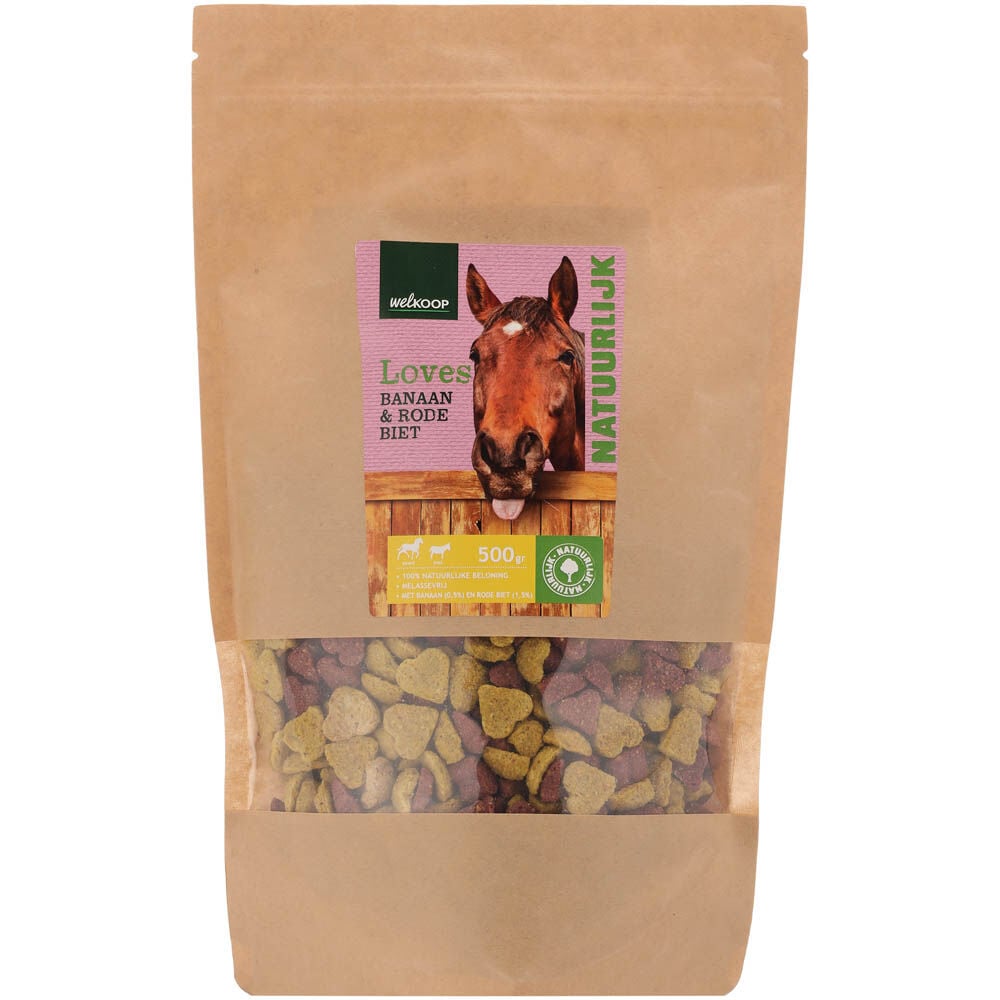 Welkoop Loves - paardensnack - 500 Gram - Banaan & Rode biet Welkoop Loves - paardensnack - 500 Gram - Banaan & Rode biet