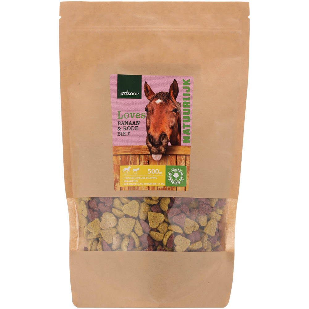 Welkoop Loves - paardensnack - 500 Gram - Banaan & Rode biet Welkoop Loves - paardensnack - 500 Gram - Banaan & Rode biet