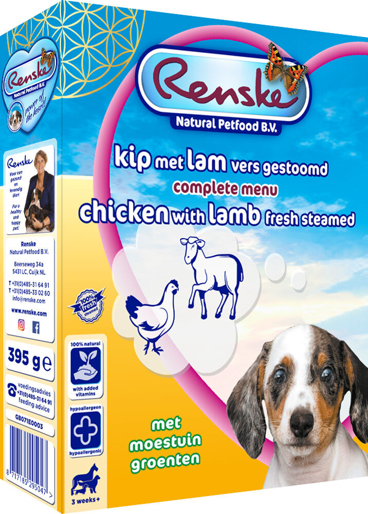 Renske Vers Vlees Voeding Puppy - Hondenvoer - 395 Gram - kip, lam