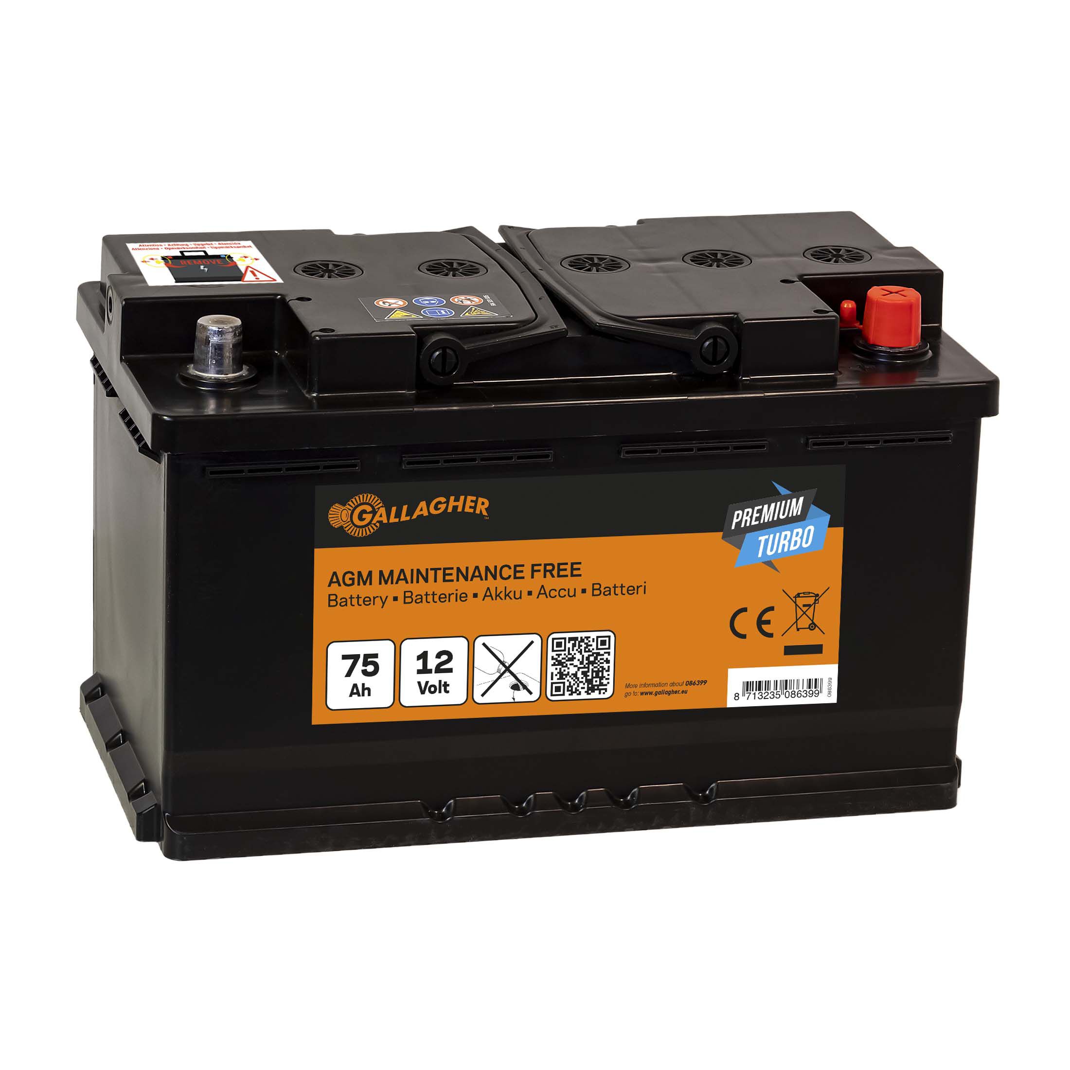 Gallagher Premium Turbo AGM - Batterij - 27.8 cm - 12V - 17.5 cm - 75 Ah