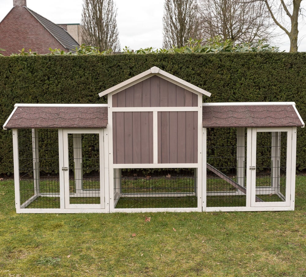 Konijnenhok Amalie met rennen - Whitewash/grijs - 118x239x70 cm