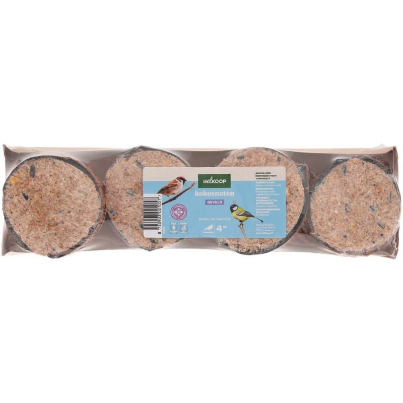 Welkoop - Gevulde Kokosnoot - Tuinvogelvoer - 4 Stuks - Rundervet Welkoop - Gevulde Kokosnoot - Tuinvogelvoer - 4 Stuks - Rundervet