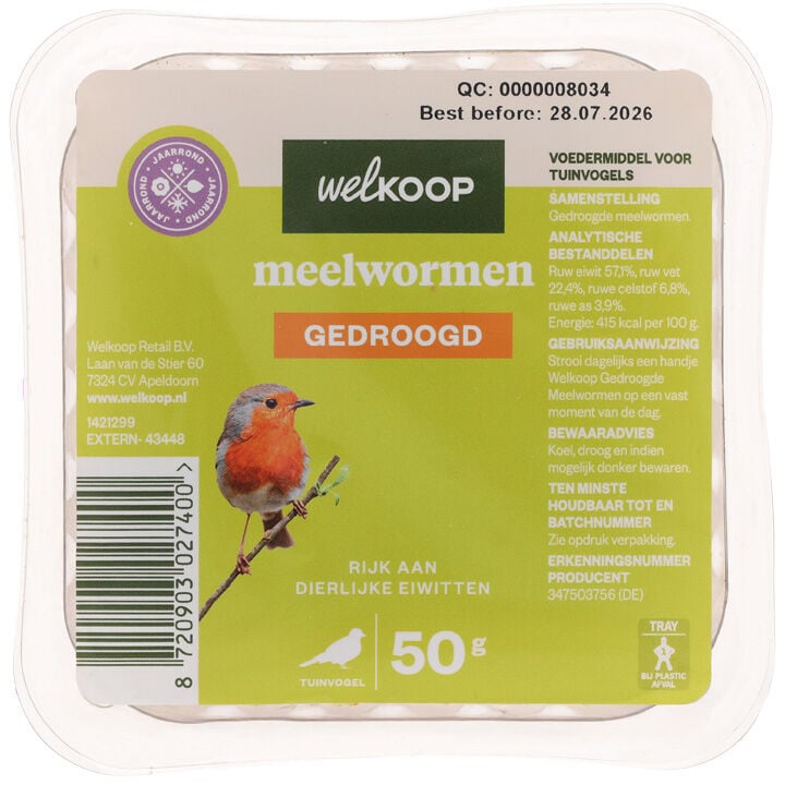 Welkoop - Gedroogde meelwormen - Tuinvogelvoer - 50 Gram - Meelwormen