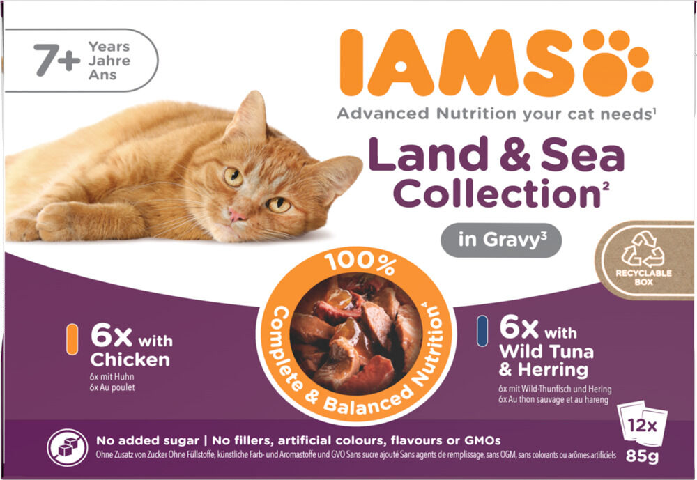 IAMS Delights Land & Sea Collection Senior - Kattenvoer - 12x85 gram - 1020 Gram - vis, kip