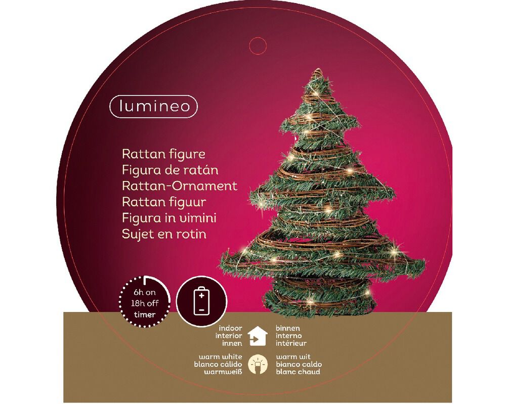 Lumineo Boom Rattan Incl. verlichting - Kerstdecoratie - 30 - Groen / bruin - Warm wit