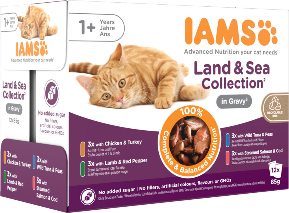IAMS Delights Adult Land & Sea in Saus - Kattenvoer - 12x85 gram - 1020 Gram - vis, vlees IAMS Delights Adult Land & Sea in Saus - Kattenvoer - 12x85 gram - 1020 Gram - vis, vlees
