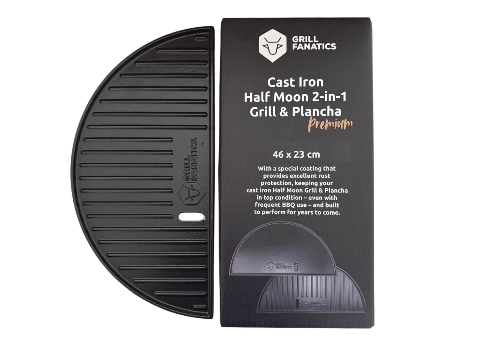 Grill Fanatics Half Moon 2in1 - Gietijzeren Grillplaat en Plancha - zwart