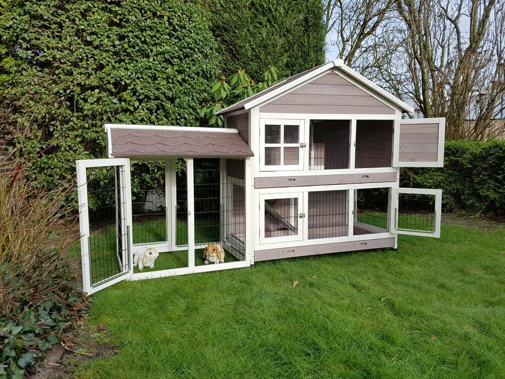 Rabbit konijnenhok Sisi met ren - Konijnenhok - 200x67x133 cm - Grijs/wit - Groot - Grijs/wit