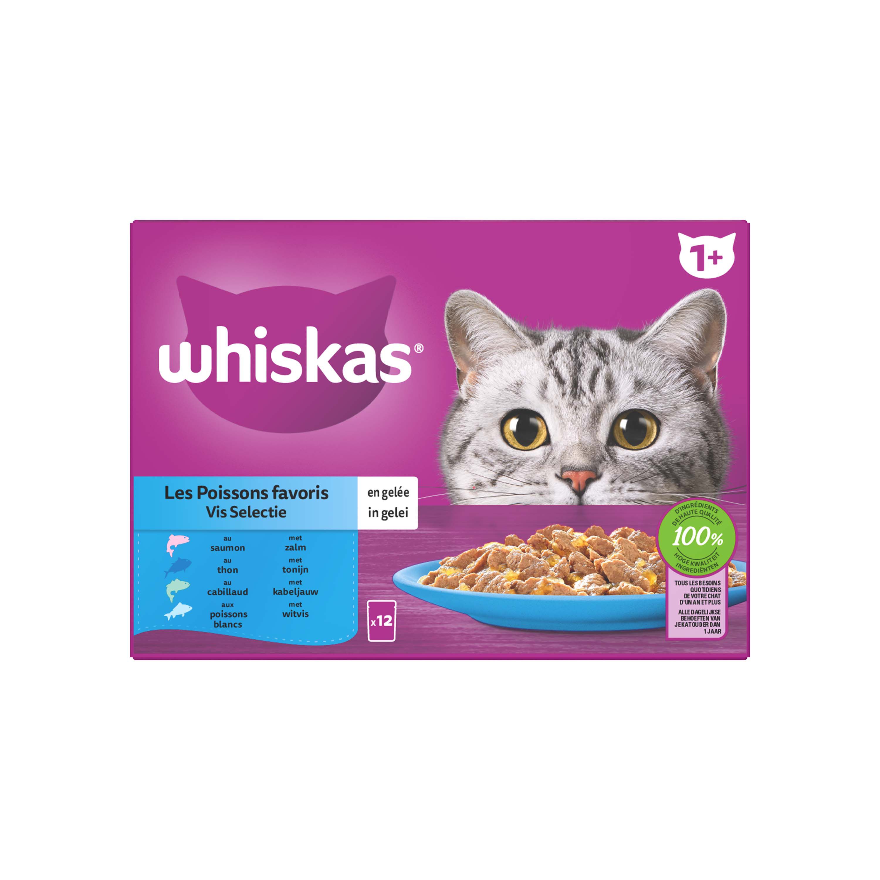 Whiskas 1+ Vis Selectie in gelei - Kattenvoer - 12x85 gram - 1020 Gram - gelei Whiskas 1+ Vis Selectie in gelei - Kattenvoer - 12x85 gram - 1020 Gram - gelei