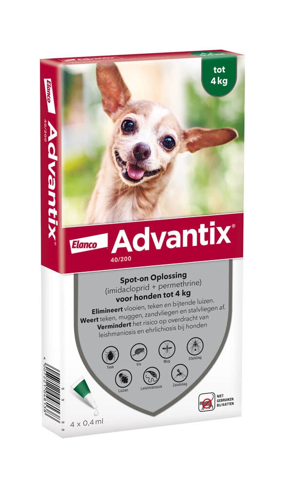 Advantix Spot-on 40 Pipet - Teken en vlooiendruppels - Hond - 4 Stuks - XS Advantix Spot-on 40 Pipet - Teken en vlooiendruppels - Hond - 4 Stuks - XS
