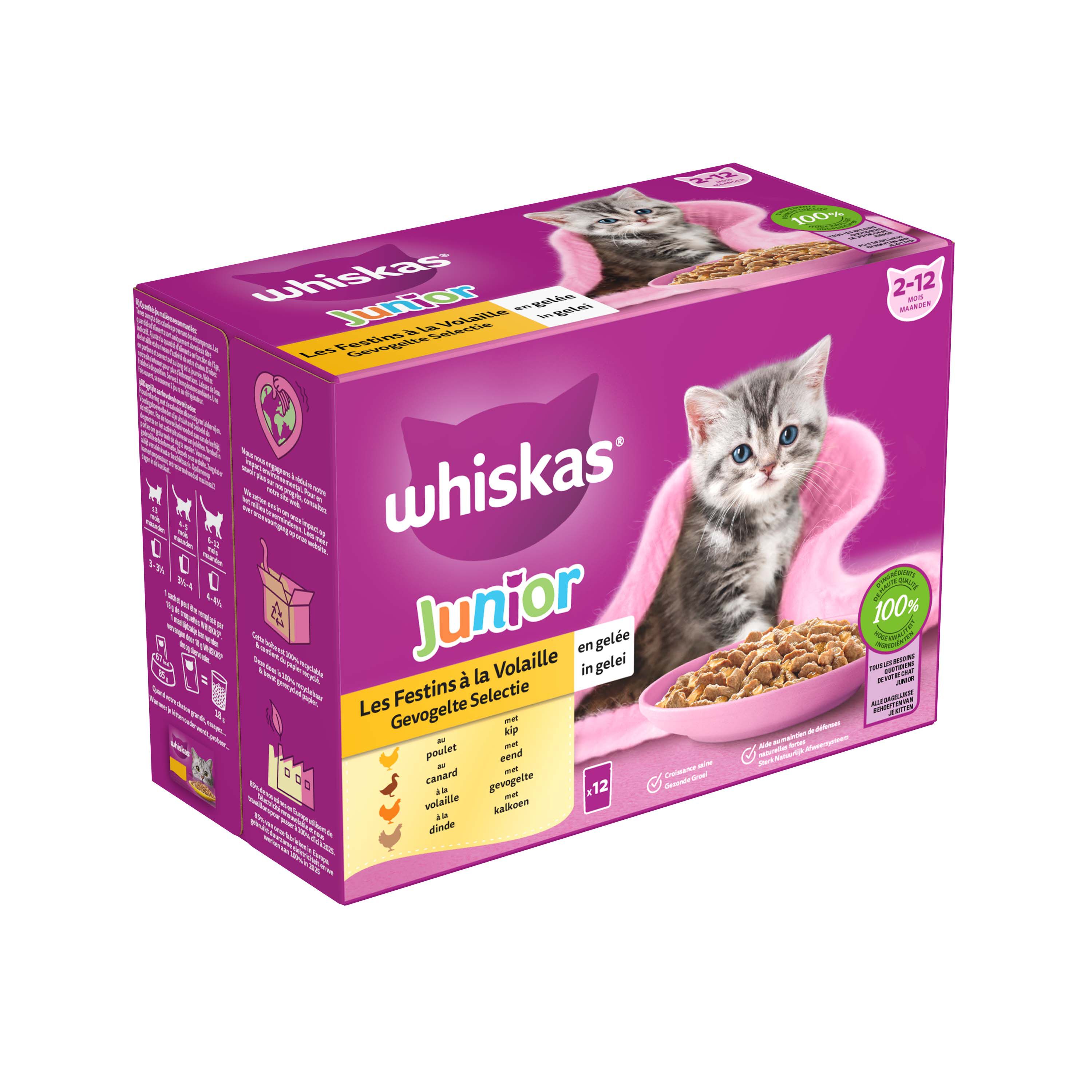 Whiskas  Junior Gevogelte Selectie in gelei - Kattenvoer - 12x85 gram - 1020 Gram - gelei